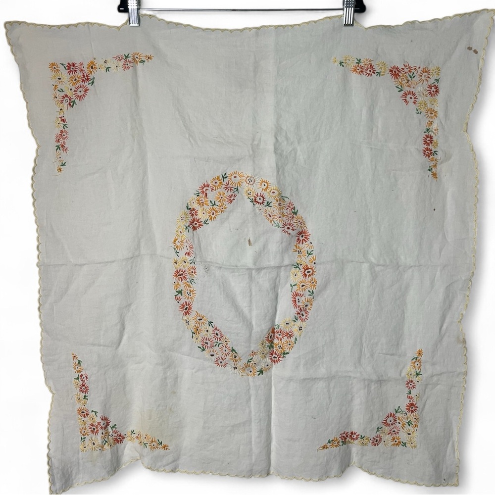 Vintage Hand Embroidered Square Table‎ Cloth Floral 35”x35” White Orange Yellow